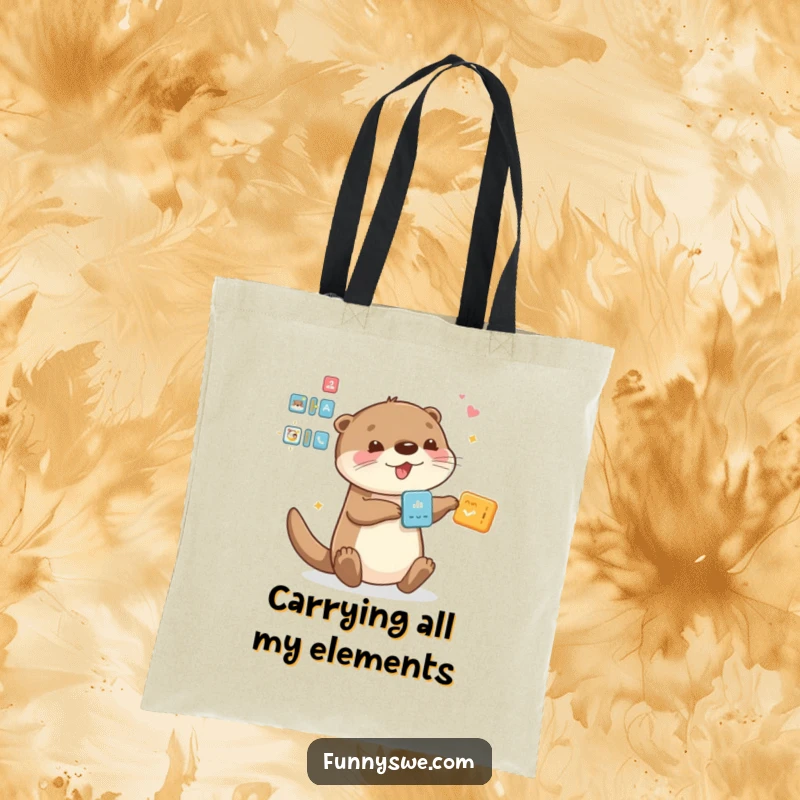 Funny Otter tote bag, playfully dragging and dropping interface elements, stylish and humorous accessory.