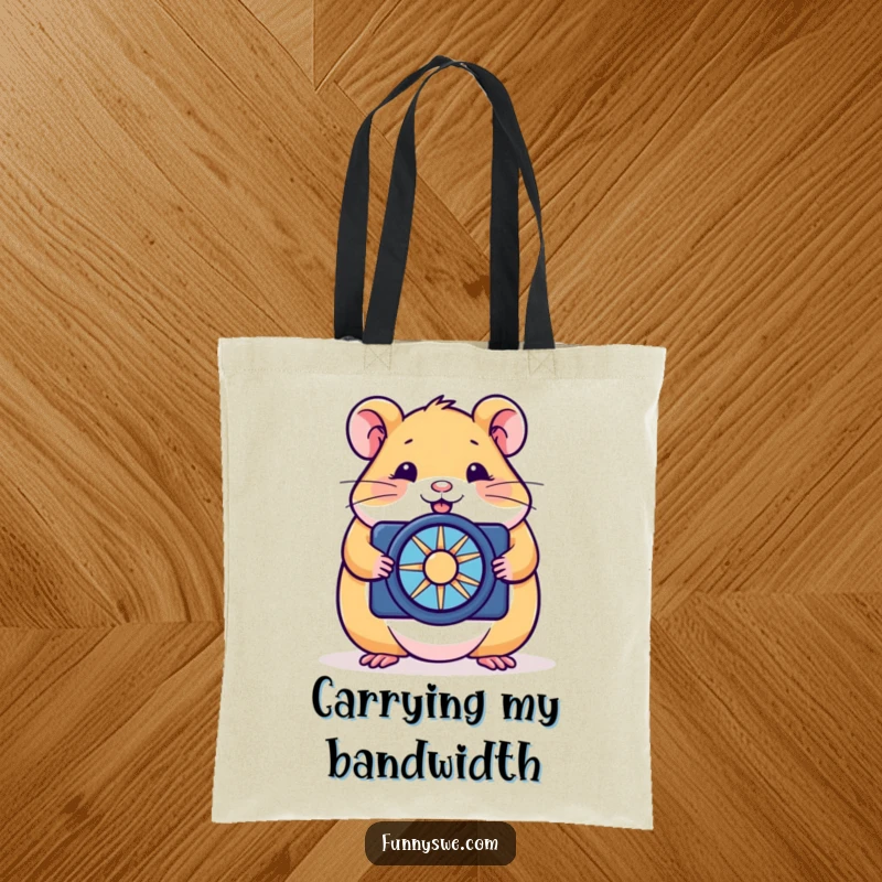 Funny hamster tote bag showing a happy rodent optimizing a website with a tiny spinner, ideal for humorous tech errands.
