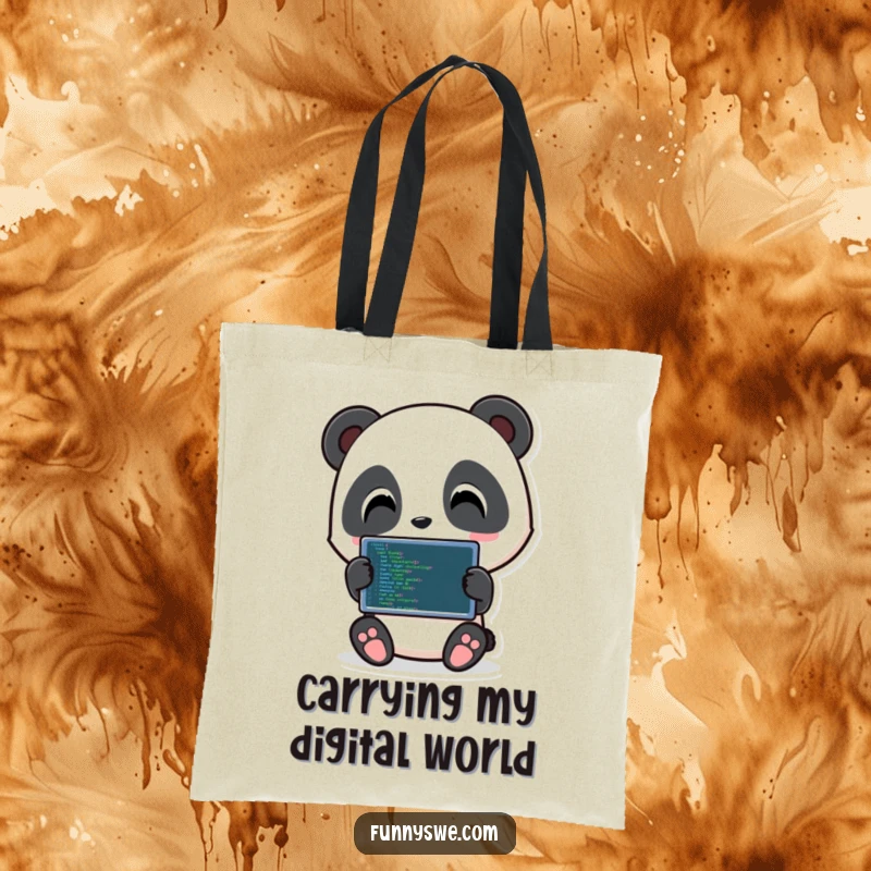 Funny Panda Coding Tote Bag: Playful panda character holding a tablet with code, a humorous and practical tote.