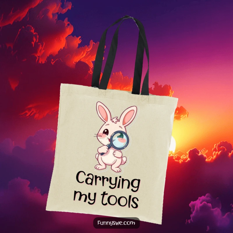 Funny Tote Bag depicting a bouncing bunny character holding a debugging magnifying glass, ideal for carrying tech essentials.