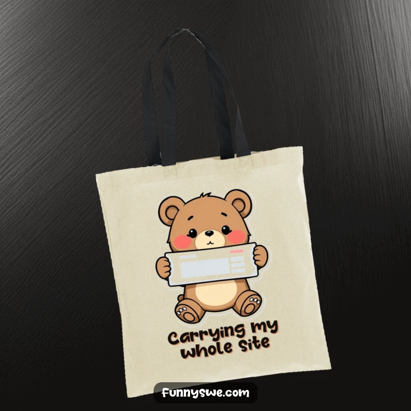 Funny bear coder tote bag, a determined bear proudly showcasing a completed website layout, stylish and functional.