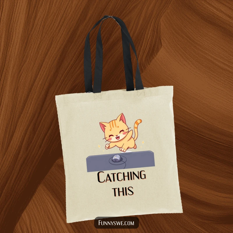 Funny cat energetically pursuing a computer mouse cursor across a screen, a humorous and practical tote bag.