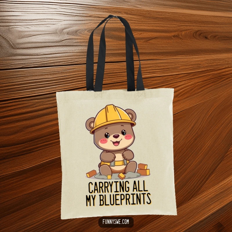 Funny bear character with hard hat, building virtual structure, large tote bag, construction humor, great funny gift.