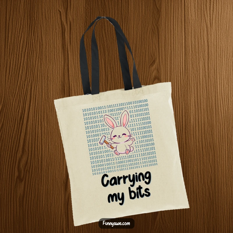 Funny happy bunny holding a tiny hammer, tapping binary code on a tote bag.