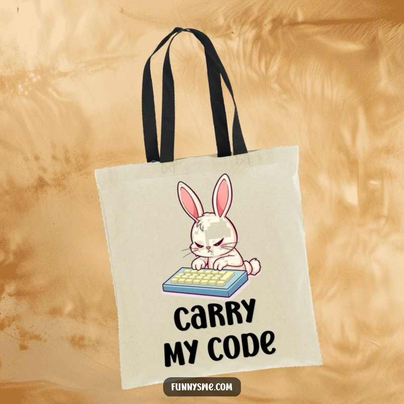 Funny bunny coder carrying a tote bag, depicted furiously typing on a glowing keyboard, showcasing dedication and organization.