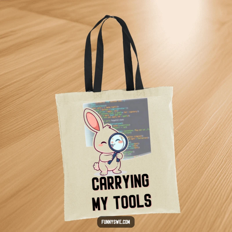 Funny tote bag art of a cheerful rabbit character inspecting code with a magnifying glass, showcasing programmer pride.