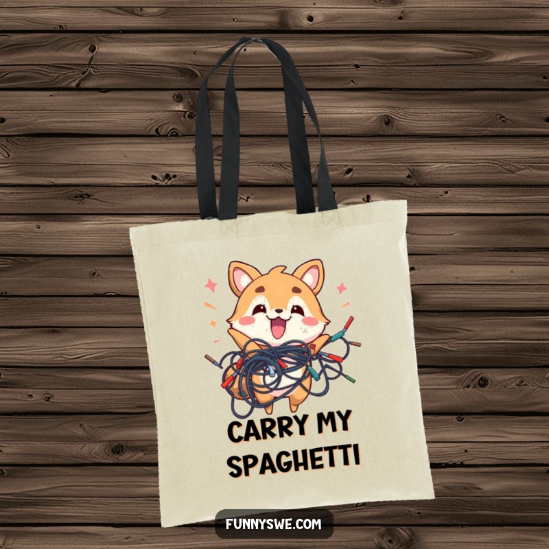 Funny tote bag with an energetic animal holding a tangled knot of electronic wires, a tech accessory.
