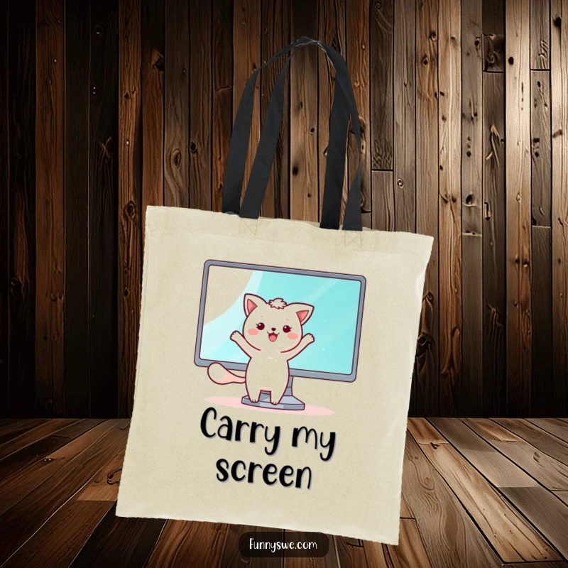 Funny tote bag with a kawaii animal character happily dancing beside a shining monitor screen, perfect for carrying tech accessories.