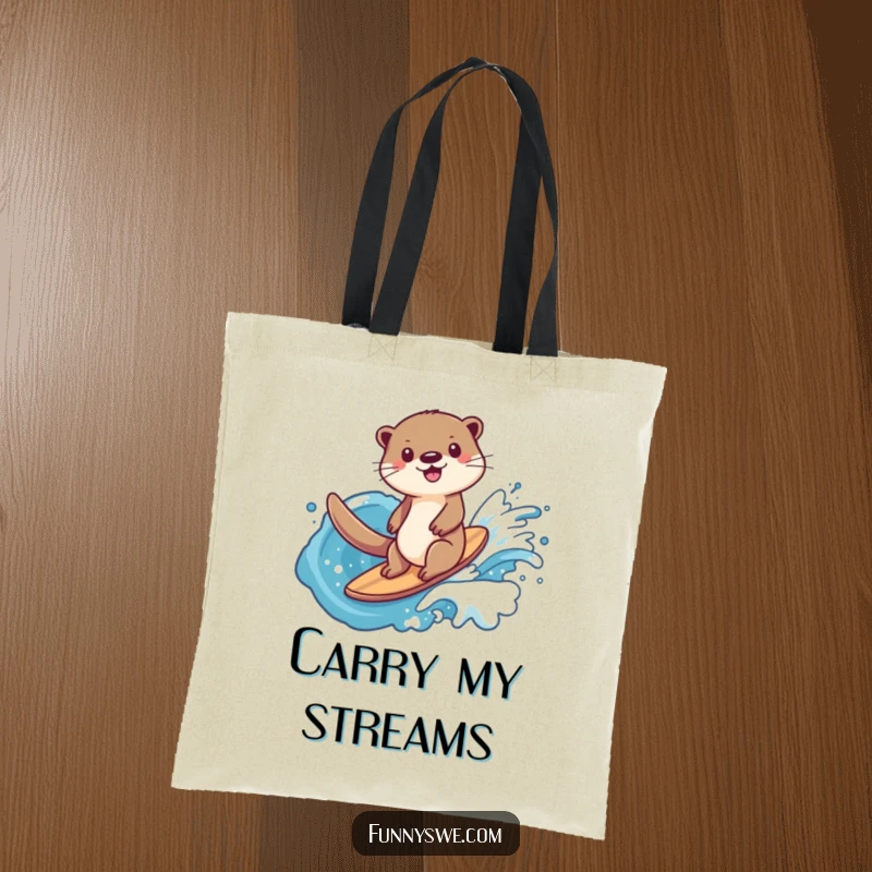 Funny happy otter tote bag, surfing on a wave of data, showcasing a love for technology and organization.