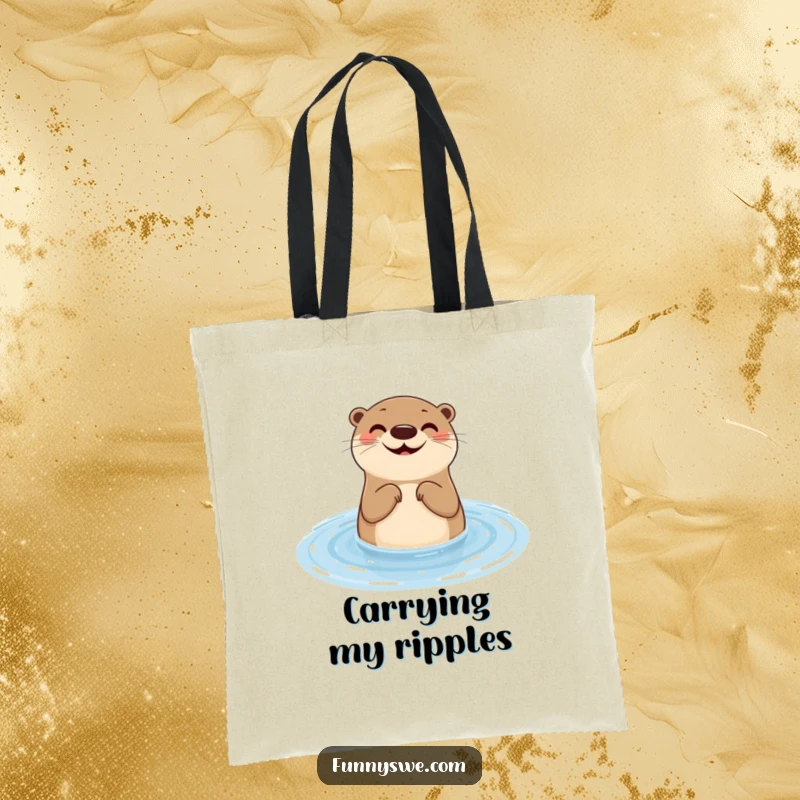 Funny otter tote bag showing a smiling aquatic mammal testing website responsiveness with a water ripple, ideal for humorous tech outings.