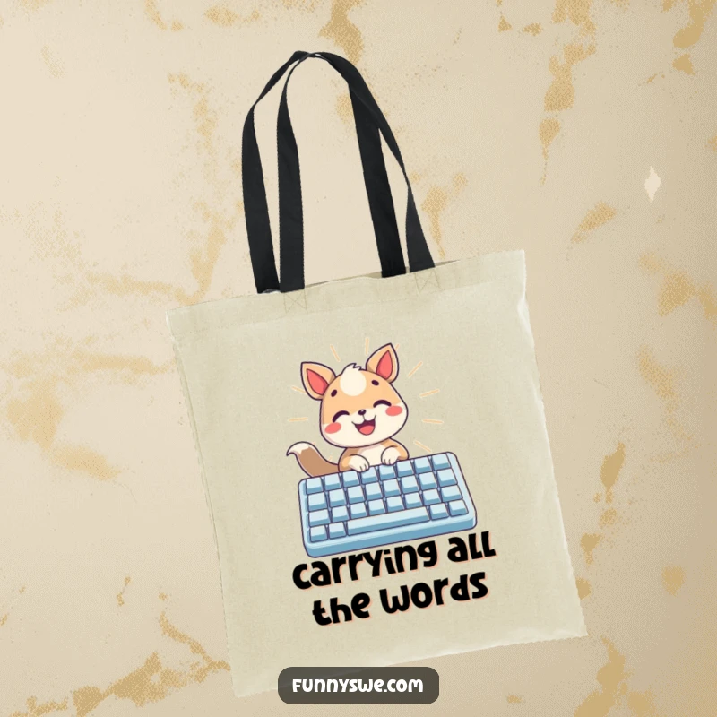 Funny tote bag with a cheerful animal typing energetically on a luminous keyboard, a positive gift.