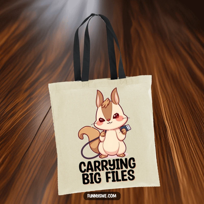 Funny tote bag with a giggling kawaii squirrel plugging in a USB drive, perfect for carrying tech accessories humorously.