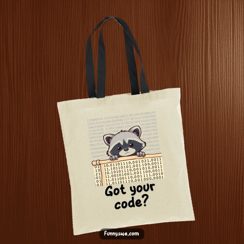 Funny raccoon coder tote bag, a curious raccoon peeking over a wall of scrolling code, practical and charming for tech enthusiasts.