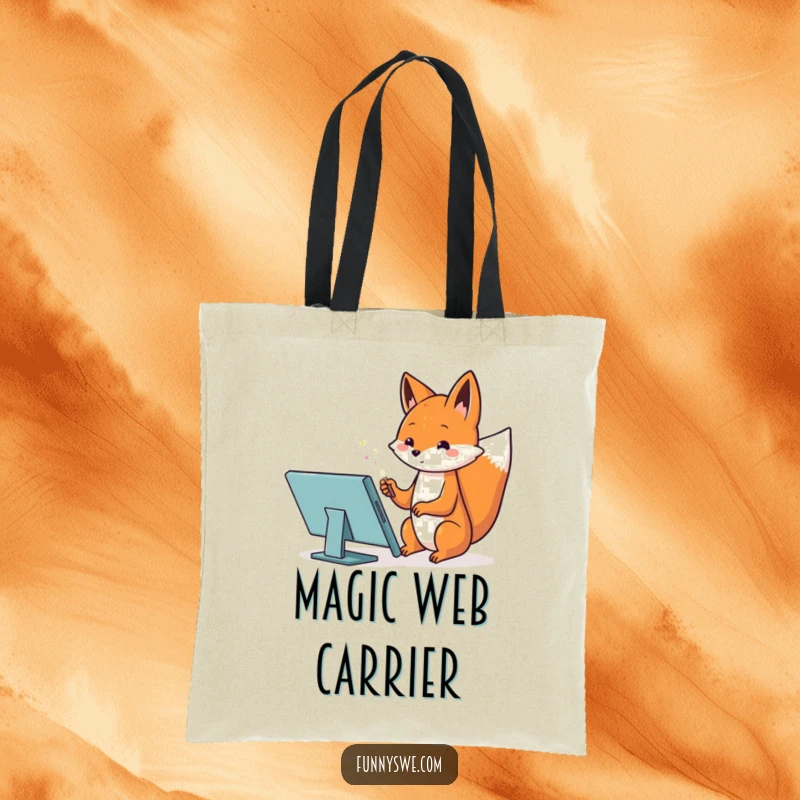 Funny tote bag with a Kawaii fox using a magic wand on a tablet to create a website, whimsical and practical.